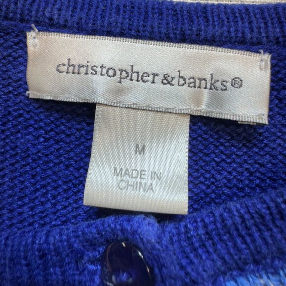 Christopher & Banks Women Cardigan Sweater Medium Blue Snowman Holiday Button Up - Picture 2 of 10